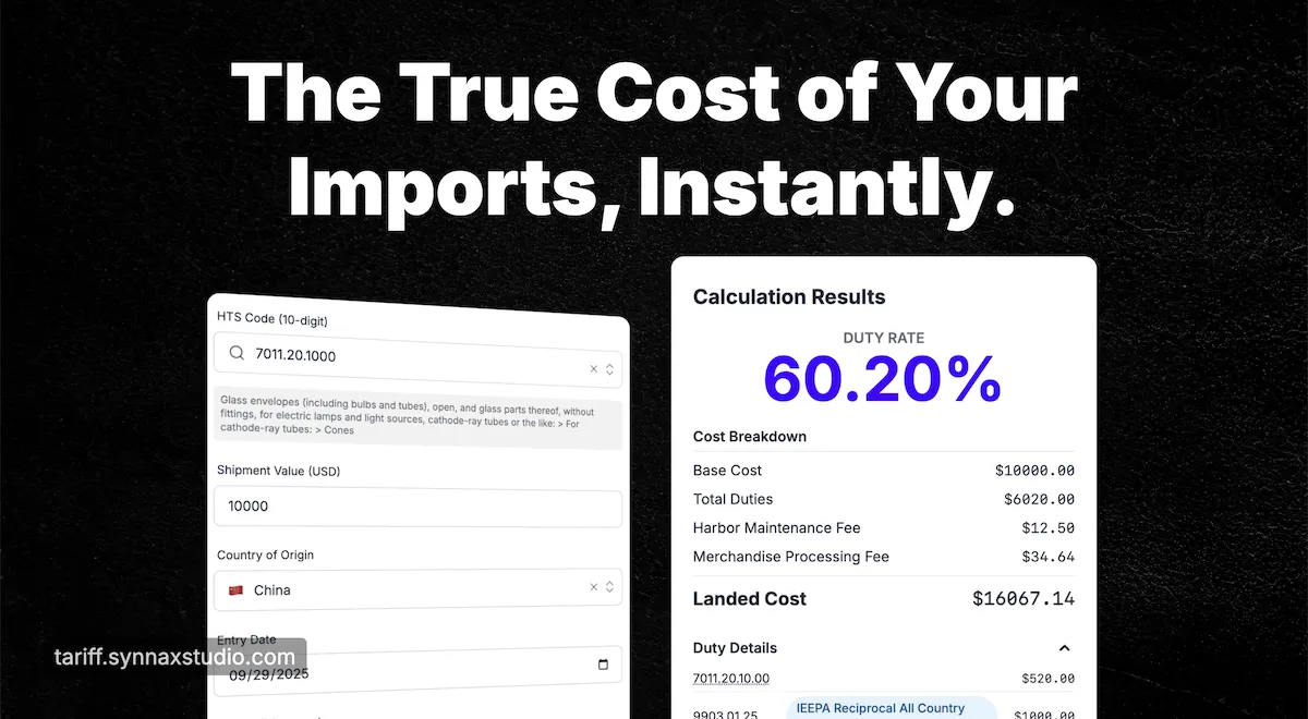 Tariff Calculator showing an HTS code search and a detailed US import duty calculation